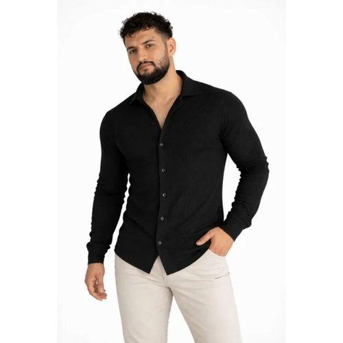 Erkek Waffle Kumaş Uzun Kollu Düğmeli Açık Yaka Regular Fit Gömlek - Siyah