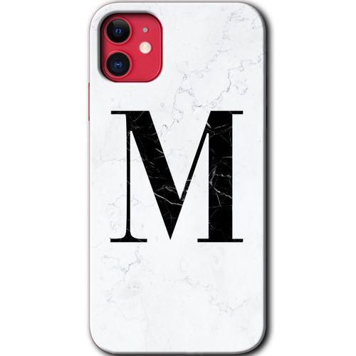 MRCİLETİSİM iPhone 11 Kılıf HD Desen Baskılı Arka Kapak + Temperli Cam - Beyaz Mermer Desenli M Harfi