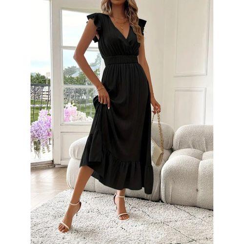 Kadın Kısa Kollu Kruvaze Yakalı Beli Lastikli Müslim Elbise