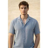 Yarım Oversize Apaş Yaka Kısa Kol Müslin Kumaş Erkek Gömlek - Soğuk Mavi