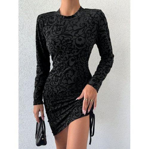 Lucky Life Kadın Uzun Kollu Bisiklet Yaka Yandan Büzgülü Flok Baskı Sandy Elbise