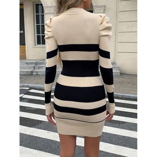 Kadın Uzun Kollu Yuvarlak Yaka Balon Omuz Kol Detaylı çok Renkli Mini Elbise