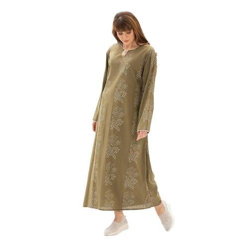 Uzun Kol Şile Bezi Baskılı Uzun Zambak Desen Yazlık Elbise Haki Hk