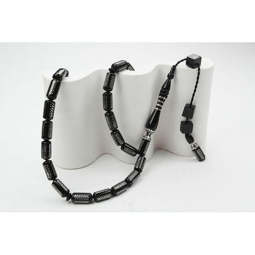 Oltu Taşı  Boru Kesim Kilim Desen İşlemeli Tespih