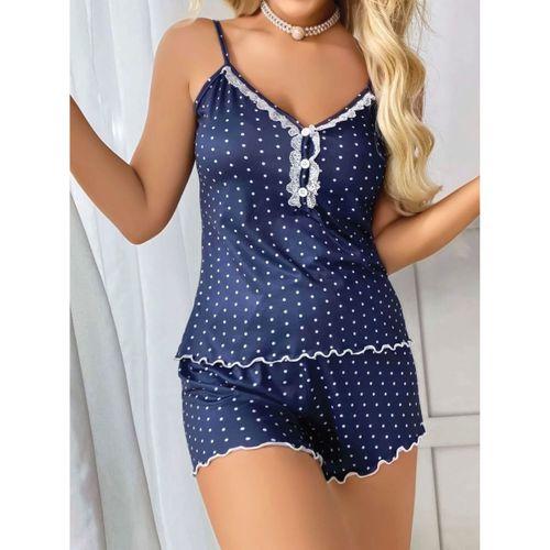 Kadın Lacivert Beyaz Puantiyeli Dantel Detaylı Şortlu Gecelik Pijama Takımı Şık 2’li Set