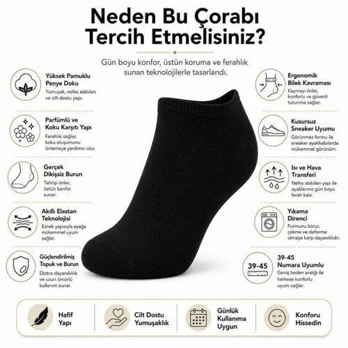 Erkek Patik Çorap 6’lı Siyah Beyaz Lacivert 39-44 Yüksek Pamuklu Dikişsiz Koku Karşıtı
