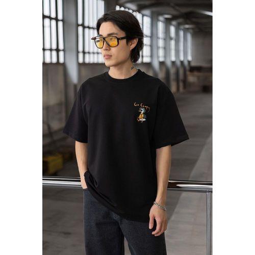 Cep Baskılı İki İplik Kumaş Pamuklu Oversize Erkek T-Shirt - Siyah