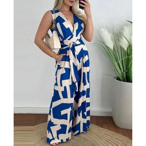 Kadın Askılı Kruvaze Yakalı Belden Kuşaklı Uzun Desenli Süprem Tulum