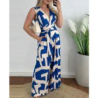 Kadın Askılı Kruvaze Yakalı Belden Kuşaklı Uzun Desenli Süprem Tulum