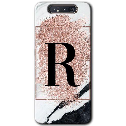 Samsung Galaxy A80 Kılıf Baskılı Kapak - Pembe Mermer Desenli R Harfi + 5D Tam Kaplayan Cam