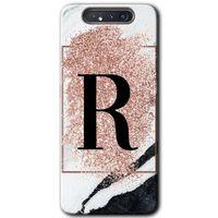 Samsung Galaxy A80 Kılıf Baskılı Kapak - Pembe Mermer Desenli R Harfi + 5D Tam Kaplayan Cam