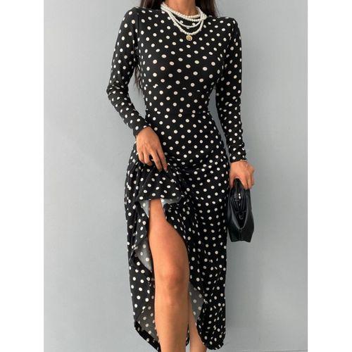 Kadın Siyah Tam Boy Beyaz Puantiyeli Elbise