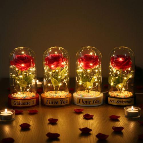 Renkli Toplu Ledli Gül Fanus