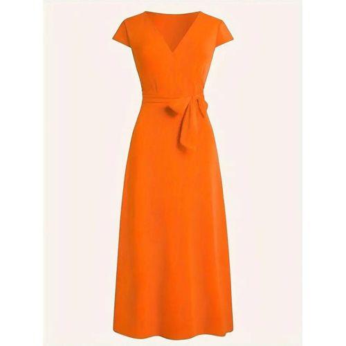 Kadın Kısa Kollu V Yakalı Belden Kuşaklı Maksi Boy Viskon Elbise