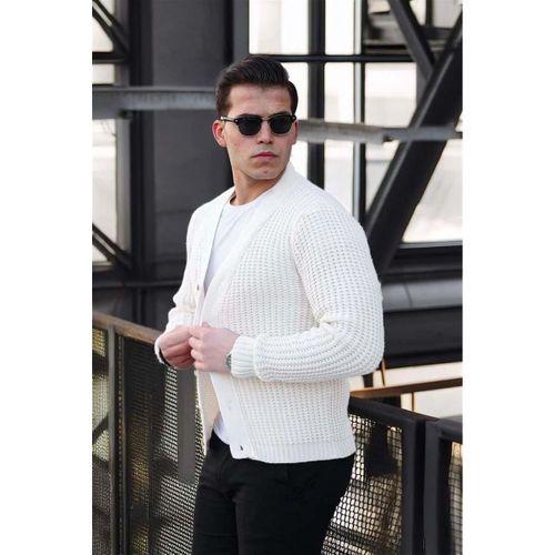 Nopenli Fitil Örgü Düğmeli Hırka - Taş