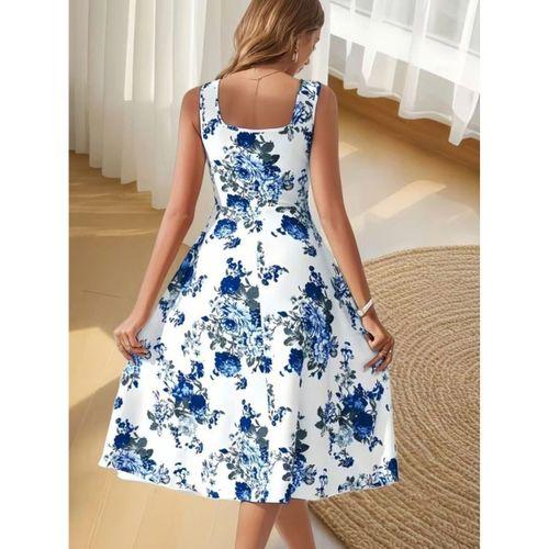 Kadın Askılı Kare Yakalı çiçek Desenli Midi Dalgıç Elbise