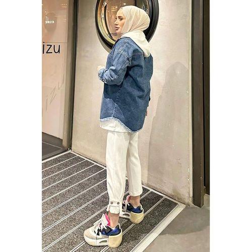 Koyu Mavi Kar Yıkama Püskül Detay Kot Ceket Oversize