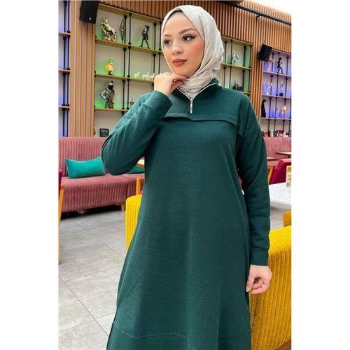 Dik Yaka Kısa Fermuarlı Yırtmaçlı Sade Basic Uzun Tunik ve Pantolon İkili Spor Takım - 03062.021 - Nefti