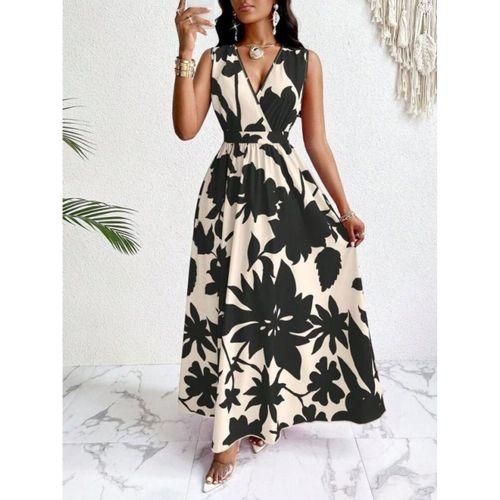 Kadın Askılı Kruvaze Yakalı çiçek Desenli Uzun Süprem Elbise