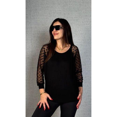 Kadın Yarasa Kol Puantiyeli Tül Detay Bluz