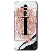 MRCİLETİSİM  Huawei Mate 20 Lite Kılıf Kapak - Pembe Mermer Desenli İ Harfi +Hayalet Ekran Yandan Gözükmez