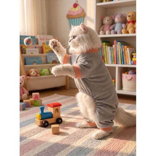 Sweet Cupcake Kedi Tulumu | Gri Beyaz İnce Çizgili Penye Kedi Kıyafeti