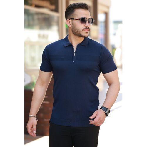 Erkek Göğüs Pirinç Desenli Fermuar Yakalı Kısa Kollu Tişört