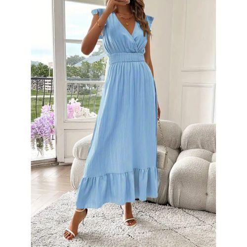 Kadın Kısa Kollu Kruvaze Yakalı Beli Lastikli Müslim Elbise