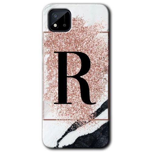 Realme C11 Kılıf HD Desen Baskılı Arka Kapak - Pembe Mermer Desenli R Harfi + Kırılmaz Cam