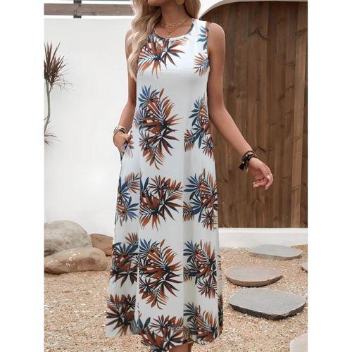 Kadın Askılı Yuvarlak Yaka Cepli Desenli Süprem Elbise