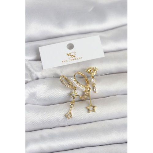 Pirinç Gold Renk Zirkon Taşlı Gece Temalı 3'lü Kadın Küpe