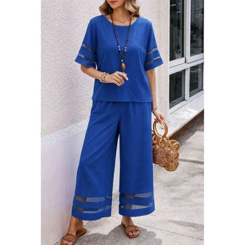 Kadın Kısa Kollu Bisiklet Yakalı Tül şerit Detaylı Bluz Ve Pantolon Ikili Takım