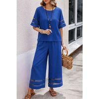 Kadın Kısa Kollu Bisiklet Yakalı Tül şerit Detaylı Bluz Ve Pantolon Ikili Takım