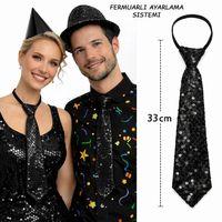 Siyah Renk Pul Payetli Işıltılı Parti Kravatı 33 Cm