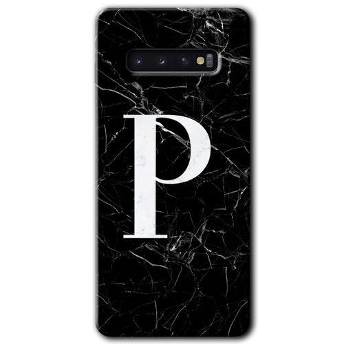 Galaxy S10 Kılıf HD Desen Baskılı Arka Kapak - Siyah Mermer Desenli P Harfi + Kırılmaz Cam