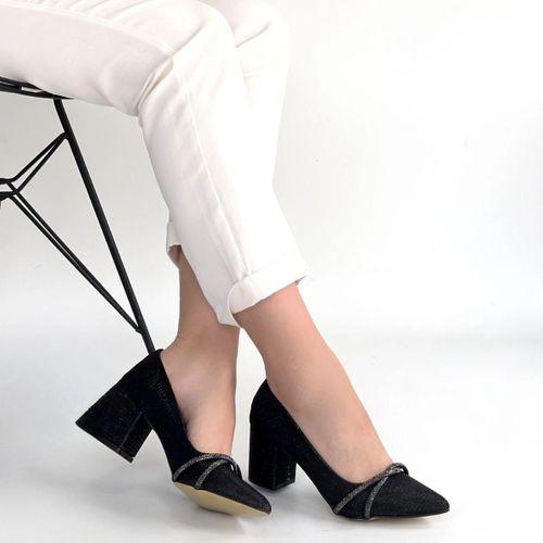 Rewin Siyah Simli Cilt Topuklu Ayakkabı