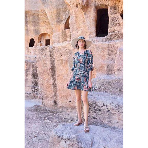 Etnik Desenli Truvakar Kollu V Yaka Elbise