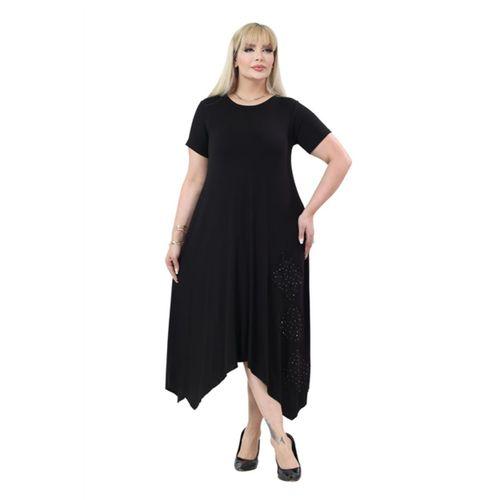 Melsay Butik Siyah Taş Baskılı Asimetrik Kısa Kollu Elbise