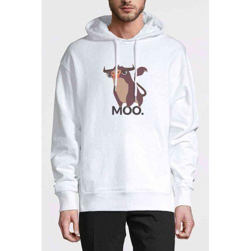 Moo Baskılı Beyaz Erkek Kapşonlu Sweatshirt