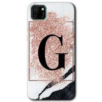 Huawei Y5P Kılıf HD Desen Baskılı Arka Kapak - Pembe Mermer Desenli G Harfi