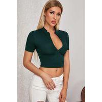 Kadın Yeşil Yarım Fermuarlı Ve Kısa Kollu Crop Top Bluz