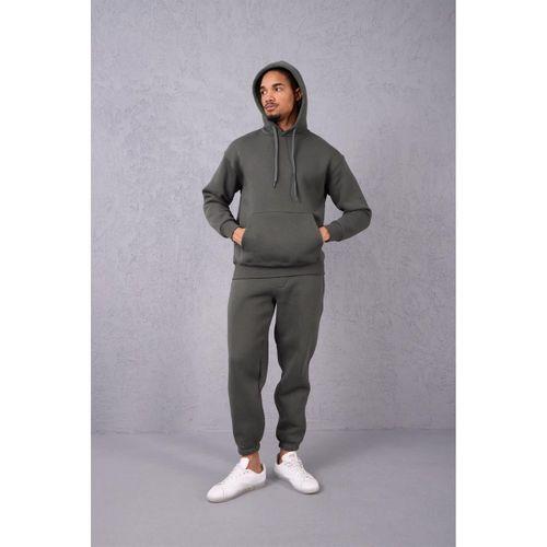 Şardonlu Kanguru Cepli Sweatshirt - 3 İplik Şardonlu Lastik Paça Erkek Eşofman Altı- Eşofman Takımı - Çam Yeşili