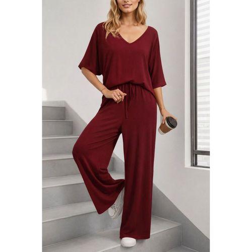 Kadın Kısa Kollu V Yakalı Viskon Bluz Ve Pantolon Ikili Takım