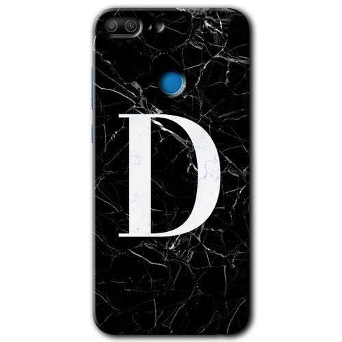 Honor 9 Lite Kılıf HD Desen Baskılı Arka Kapak - Siyah Mermer Desenli D Harfi + Kırılmaz Cam