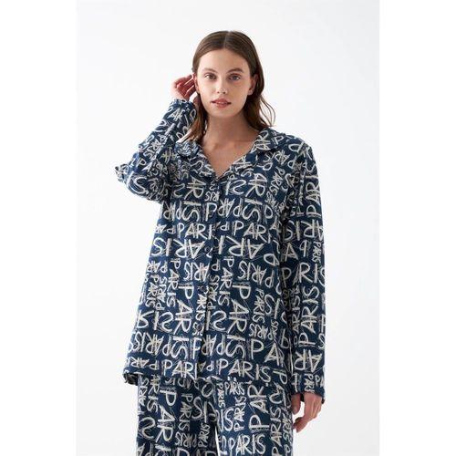 Kadın Lacivert “paris” Yazı Desenli Düğmeli Pamuklu Pijama Takımı