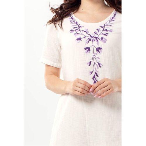 Kısa Kol Lidya Bisiklet Yaka Nakışlı Yazlık Kısa Müslin Elbise Kırık Beyaz KrkByz