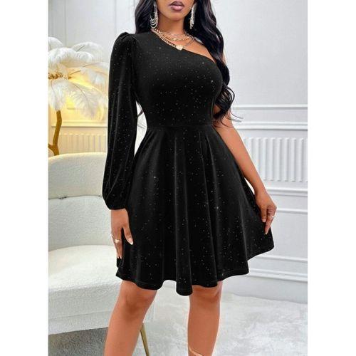 Kadın Tek Omuzdan Açık Uzun Kollu Taşlı Mini Elbise