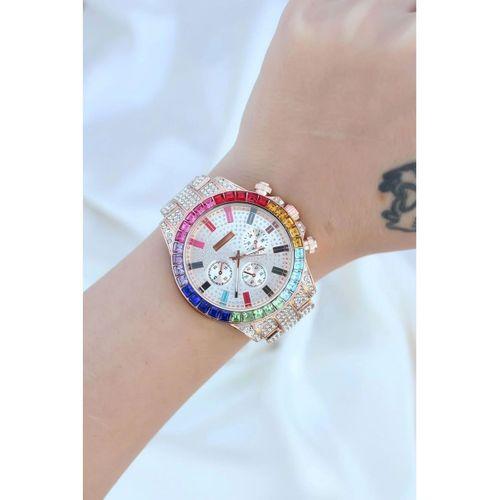 Clariss Trend Rose Metal Kordonlu Zirkon Taş Kaplama Renkli Taşlı Kasa Tasarımlı Lüx Kadın Kol Saati