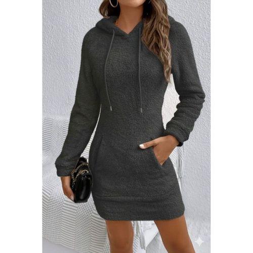 Kadın Uzun Kollu Kapşonlu Cepli Mini Peluş Elbise
