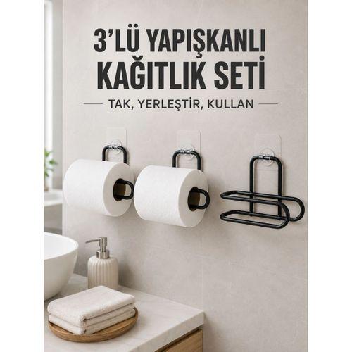 3’lü Siyah Duvar Tipi Kağıtlık Seti Yapışkanlı Pratik Rulo Tutucu
